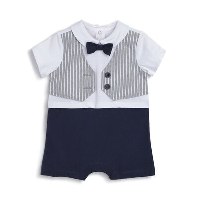 Boys Dark Blue Checked Short Sleeve Rompers